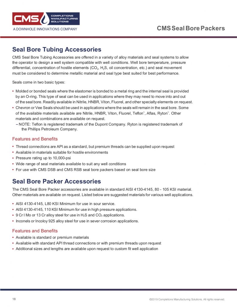 CMS Seal Bore Tubing and Packer Accessories CMS